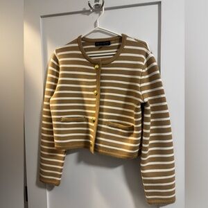 English Factory Tan and White Striped Knit Cardigan with Gold Button